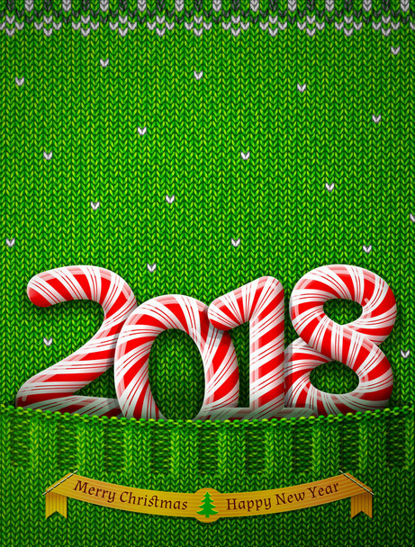 New Year 2018 in shape of candy stick in knitted pocket - Vector, Image