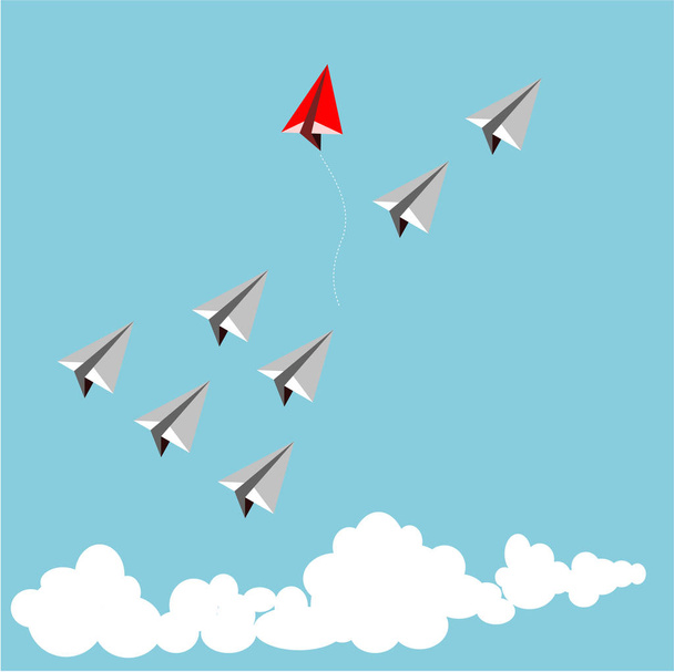 白い飛行機、リーダーシップ、チームワークの概念におけるリーダーとしての紙の赤い飛行機. - ベクター画像