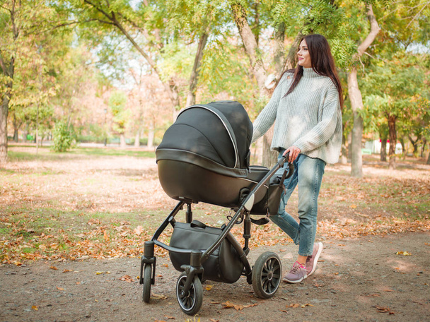A girl is walking with a stroller in the park - Foto, imagen