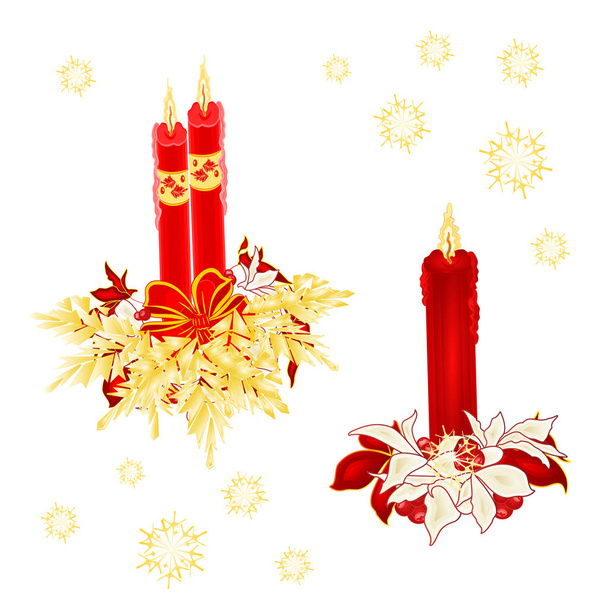 Karácsonyi piros gyertyafény íjak és a Mikulásvirág vintage vektoros illusztráció szerkeszthető  - Vektor, kép