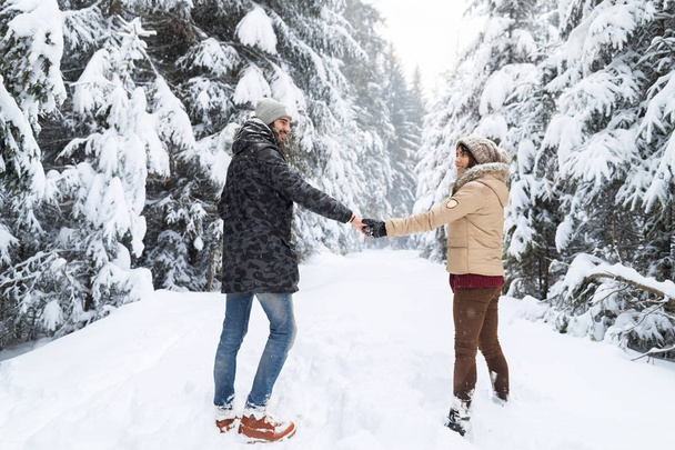 Young Couple Walking In Snow Forest Outdoor Man And Woman Holding Hands Back View - Foto, Imagen