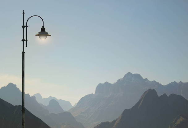 Dolomites Panorama and Street Lamp - Photo, Image
