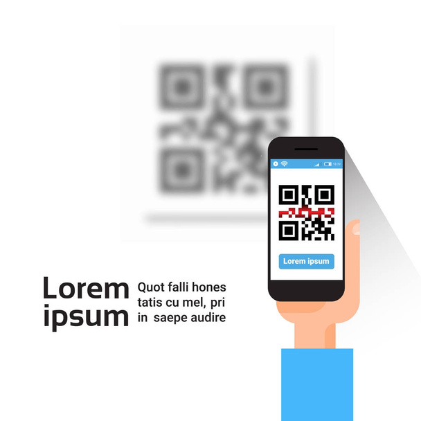 Bandiera di codice di Qr di scansione dello Smart Phone della tenuta della mano con lo spazio della copia, ricerca di codice a barre con il telefono
 - Vettoriali, immagini