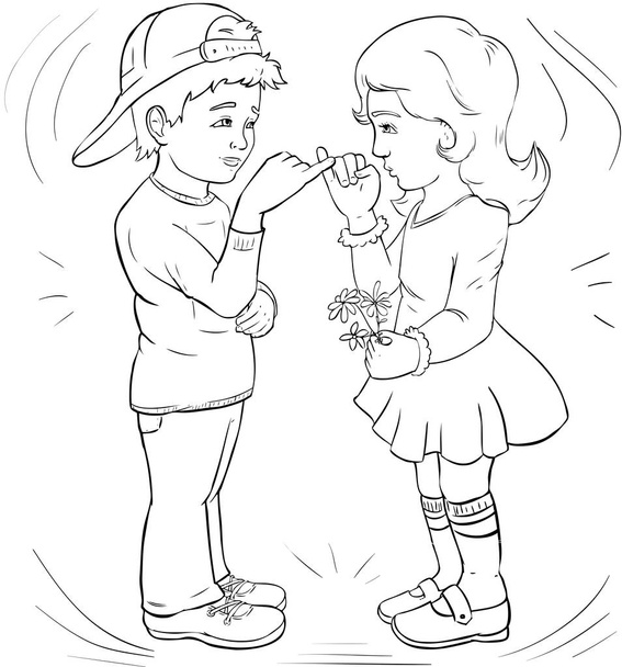 Boy and girl Make friends, make friends - Line-art. Coloring pag - 写真・画像