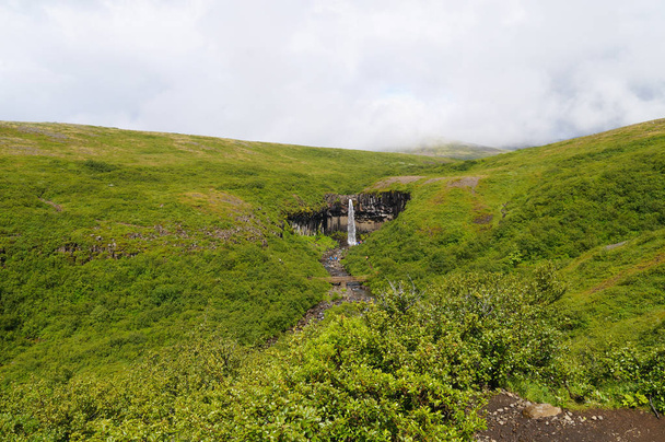 Cachoeira Svartifoss cercada por colunas de lava escura, Islândia
 - Foto, Imagem