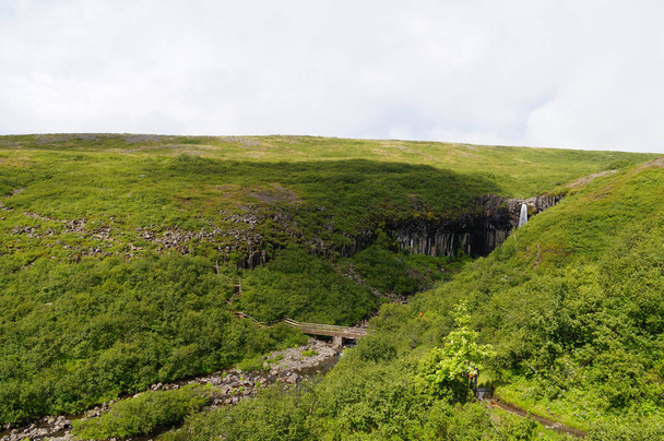 Cascade de Svartifoss entourée de colonnes de lave foncées, Islande
 - Photo, image