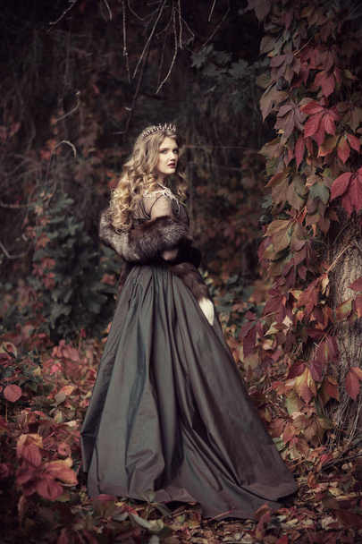 queen in furs in the autumn forest - 写真・画像