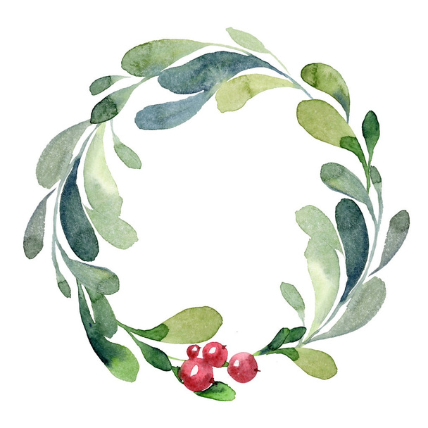 Watercolor Christmas wreath of green branch, leaves and berry - Fotoğraf, Görsel