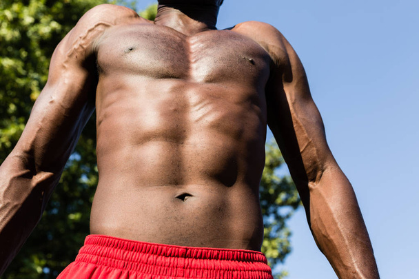 Athletic black man posing in a city park - 写真・画像