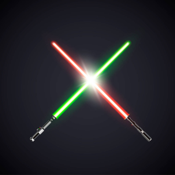 Two realistic light swords. crossed swords. Vector illustration isolated on dark background - Vector, imagen