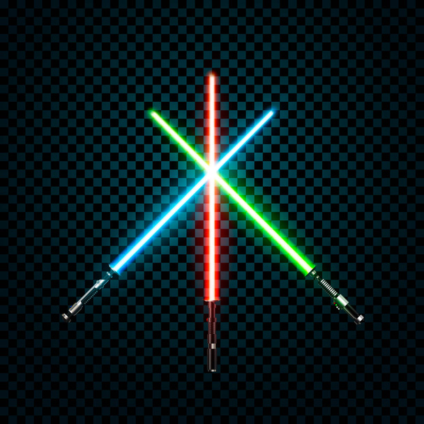 Set of realistic light swords. Crossed sabers. Vector illustration isolated on transparent background - Vetor, Imagem