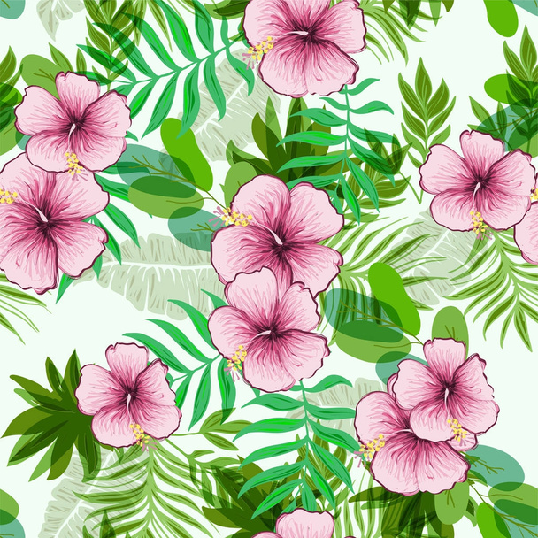 Seamless exotic pattern with tropical leaves and flowers. - Vector, afbeelding