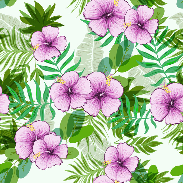 Seamless exotic pattern with tropical leaves and flowers. - Vector, Image
