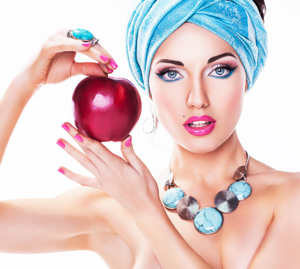 Portrait of Attractive Young Woman with Red Apple - Fotografie, Obrázek