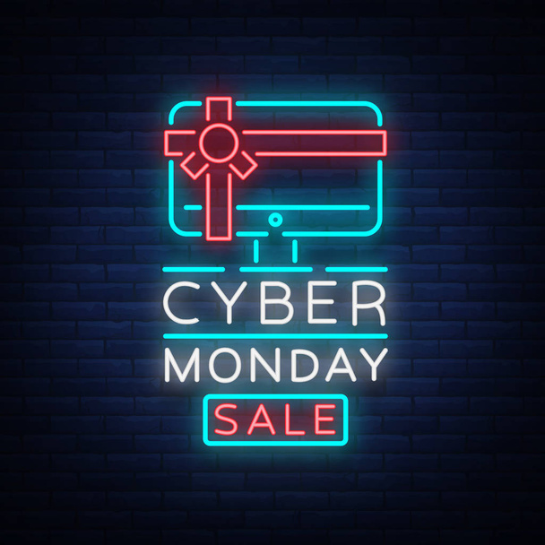 Cyber Monday vector banner in fashionable neon style, luminous signboard, nightly advertising advertisement of sales rebates of cyber Monday - Vector, afbeelding