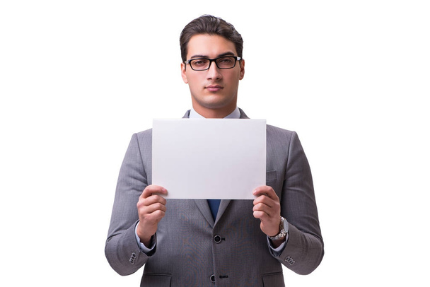 Бизнесмен с пустой доской сообщений изолирован на белом
 - Фото, изображение