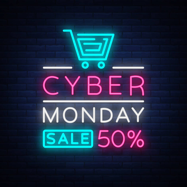 Cyber Monday, discount sale concept illustration in neon style, online shopping and marketing concept, vector illustration. Neon luminous signboard, bright banner, luminous advertisement - Vektor, kép