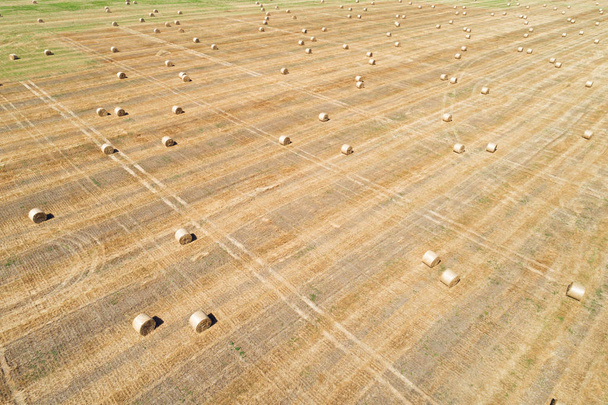 Вид с воздуха на собранное поле с стогами сена
 - Фото, изображение