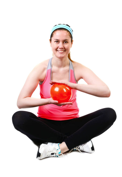 Sporty woman  fitness workout with small ball,  isolated on a white background - Zdjęcie, obraz