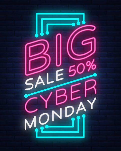 Cyber Monday vector banner in fashionable neon style, luminous signboard, nightly advertising advertisement of sales rebates of cyber Monday - Vector, Imagen