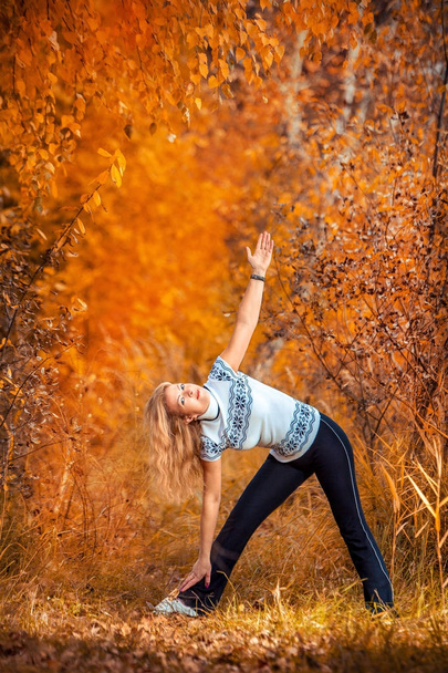 bela mulher fazendo ioga ao ar livre na grama amarela
 - Foto, Imagem