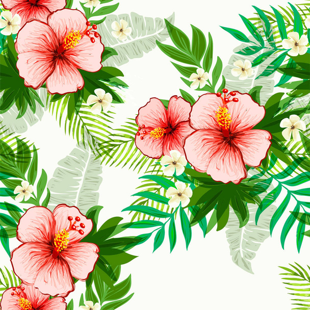 Seamless exotic pattern with tropical leaves and flowers. - Вектор,изображение