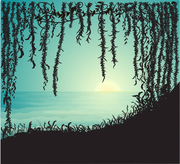houští, liana jeskyně a výhledem na moře, - Vektor, obrázek