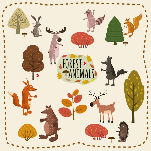 Forest animals set cute, with elements of forest, trees, mushrooms, elk, deer, wolf, squirrel, raccoon, hare, fox, hedgehog, bear, cartoon style, banner, poster, vector, illustration - Vector, Image