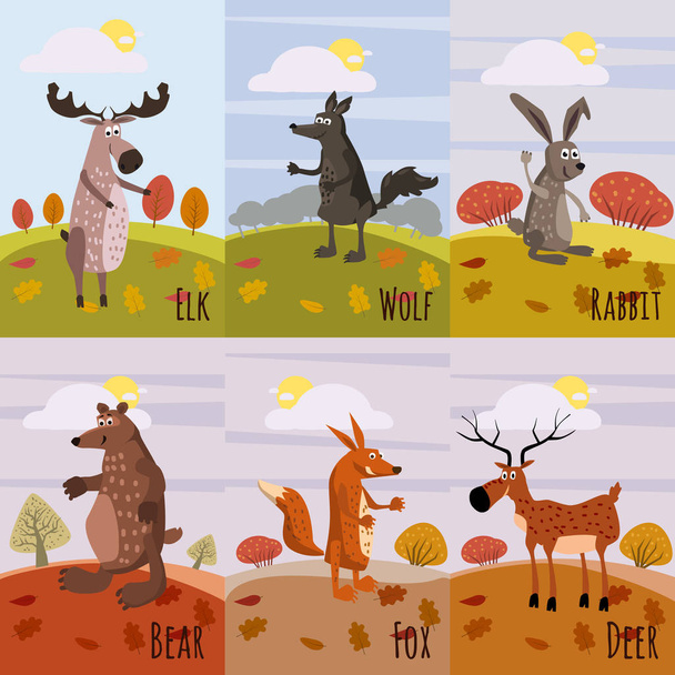 Erdei állatok csoportja plakátok, elemekkel, az erdő, jávorszarvas, szarvas, farkas, nyúl, róka, medve, rajzfilm stílusú, banner, plakát, vektor, ábra - Vektor, kép