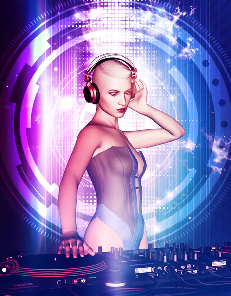 3d illustration of Sexy blonde short hair woman listening to music  - Foto, afbeelding