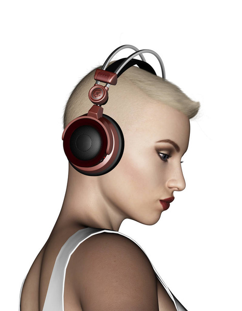 3d illustration of Sexy blonde short hair woman listening to music  - Foto, afbeelding