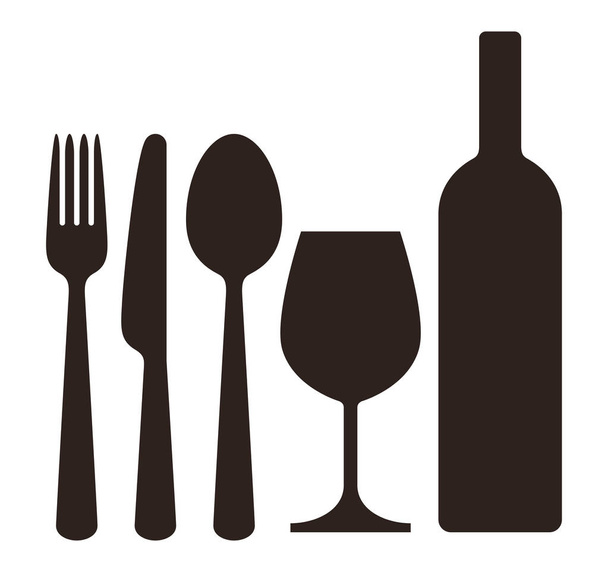 Bottiglia, bicchiere da vino, coltello, forchetta e cucchiaio
 - Vettoriali, immagini