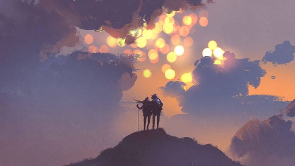 couple de randonneurs regardant de nombreux soleils dans le ciel
 - Photo, image