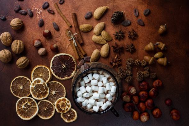 Cup of traditional hot chocolate or cocoa with marshmallow, cinnamon, nuts and spices on dark stone table - Fotografie, Obrázek