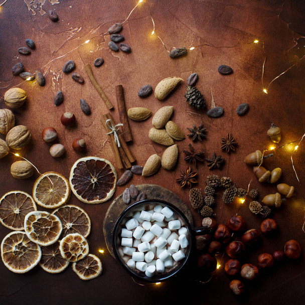 A hagyományos forró csokoládéval vagy kakaó, fehérmályva, fahéj, dió és fűszerek, a sötét kő asztal kupa - Fotó, kép