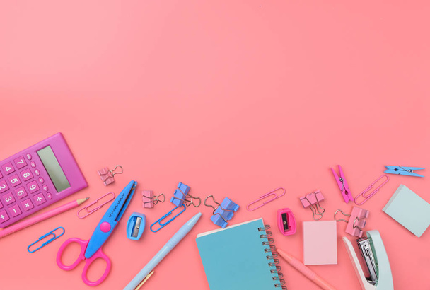 Stationary concept, Flat Lay top view Photo of school supplies s - Foto, Imagem