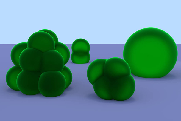 зеленуваті, злегка прозорі сфери різного розміру, частково злиті
 - Фото, зображення