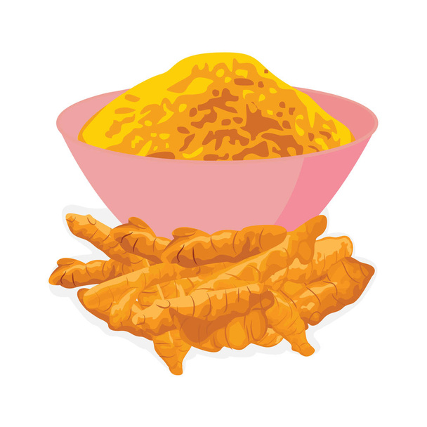 Turmeric roots and powder in a bowl on a white background - Vector, Image