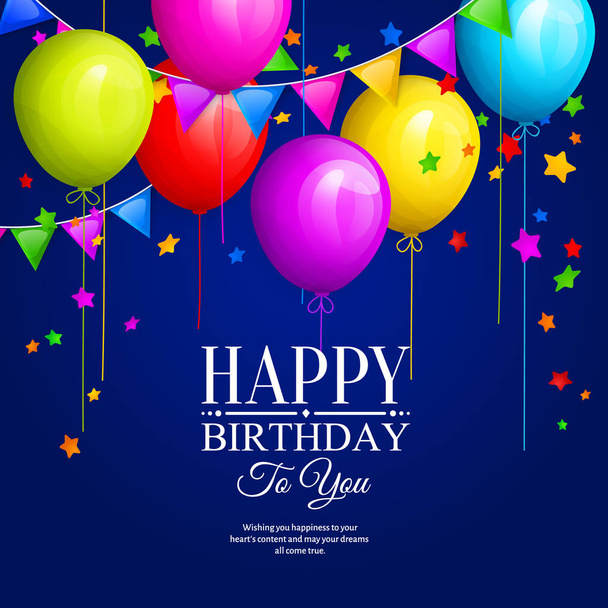Bunch of colorful birthday balloons with stars and colorful buntings flags on blue background. Vector. - Vector, Image