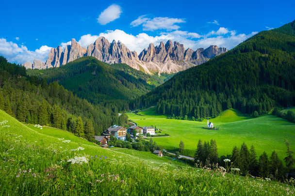 Val di Funes valley, Santa Maddalena touristic village, Dolomites, Italy, Europe - Photo, Image