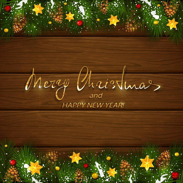 Χριστούγεννα γράμματα σε ξύλινα φόντο με κλαδιά δέντρων ελάτης  - Διάνυσμα, εικόνα