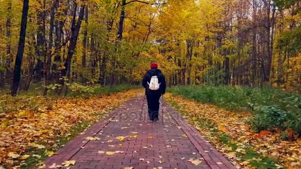Mujer madura caminando Nordic Walk en un parque
 - Metraje, vídeo