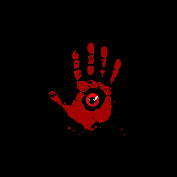 Bloody hand print with red monster eye inside isolated on black  - Vector, Image