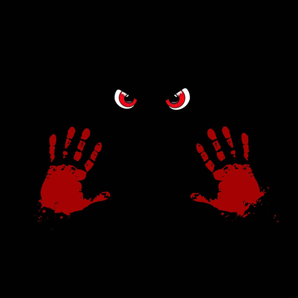Huellas sangrientas de manos y ojos rojos de monstruo sobre fondo negro. Ilustración vectorial
. - Vector, imagen