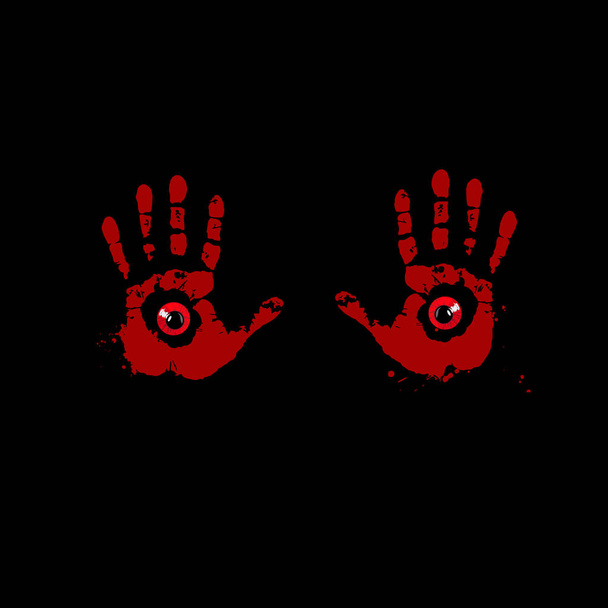 Bloedige hand wordt afgedrukt met rode ogen binnen op zwarte achtergrond. Vectorillustratie, pictogram, glinsterende clip art. - Vector, afbeelding