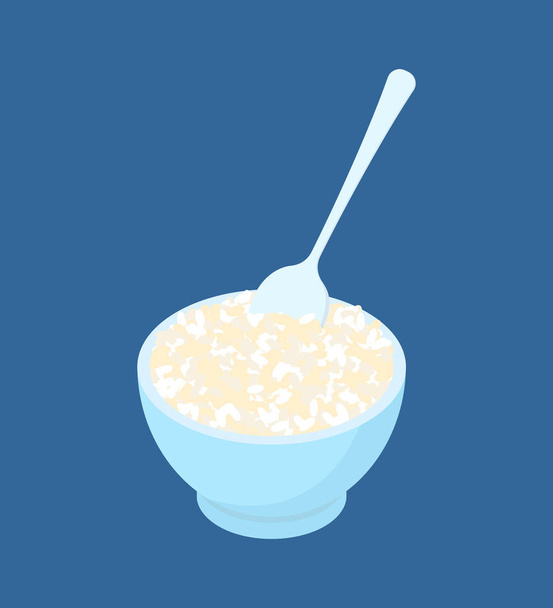 Bowl of round rice porridge and spoon isolated. Healthy food for - Vector, Image