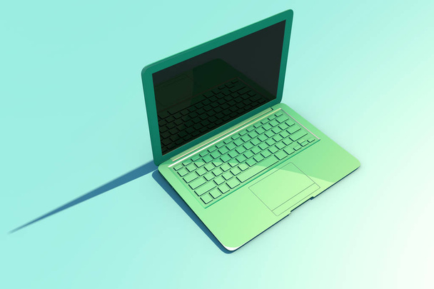 offener Laptop mit Bildschirm und Tastatur, langer Schatten - Foto, Bild