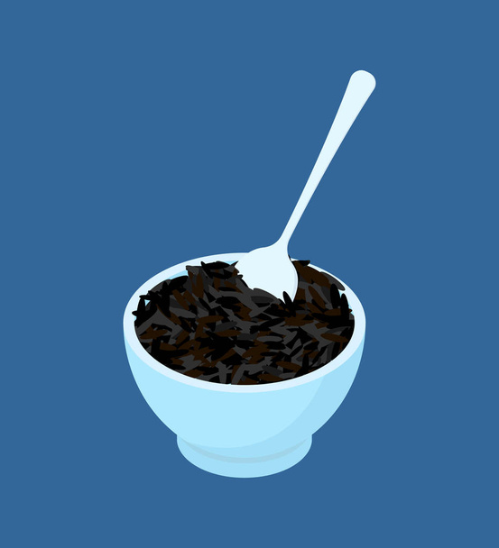 Μπολ με μαύρο ρύζι κουάκερ και κουτάλι απομονωμένη. Υγιεινή διατροφή για - Διάνυσμα, εικόνα