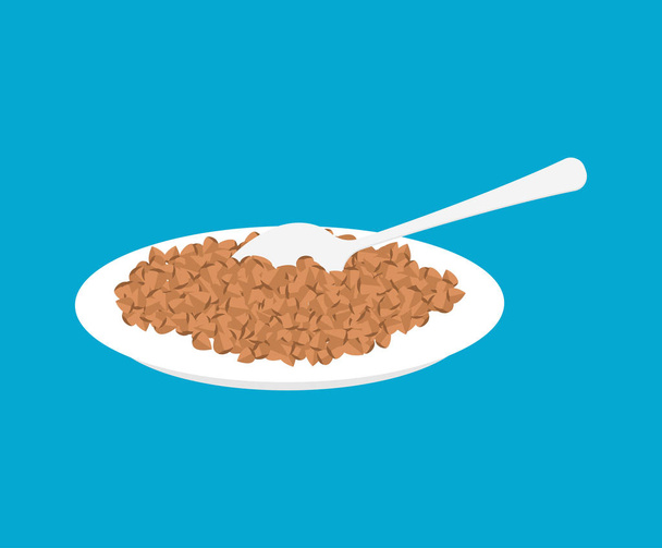 Buckwheat Porridge in plate and spoon isolated. Healthy food for - Vector, Image