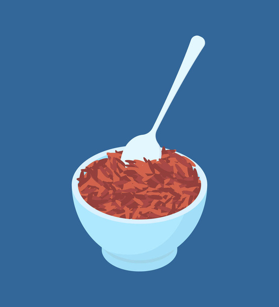 Μπολ με κόκκινο ρύζι κουάκερ και κουτάλι απομονωμένη. Υγιεινά τρόφιμα για το β - Διάνυσμα, εικόνα